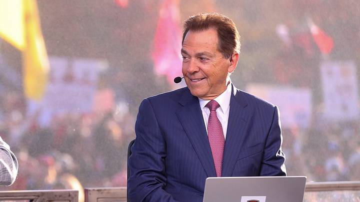 ESPN personality Pat McAfee talks during College GameDay with Nick Saban looking on Saturday, Nov. 8, 2025 at Jones AT&T Stadium in Lubbock, Texas.