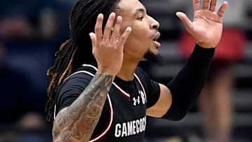 South Carolina guard Jamarii Thomas (6) reacts after being called for a foul during a NCAA college basketball first round game against Arkansas at the men’s Southeastern Conference Tournament Wednesday, March 12, 2025, in Nashville, Tenn.