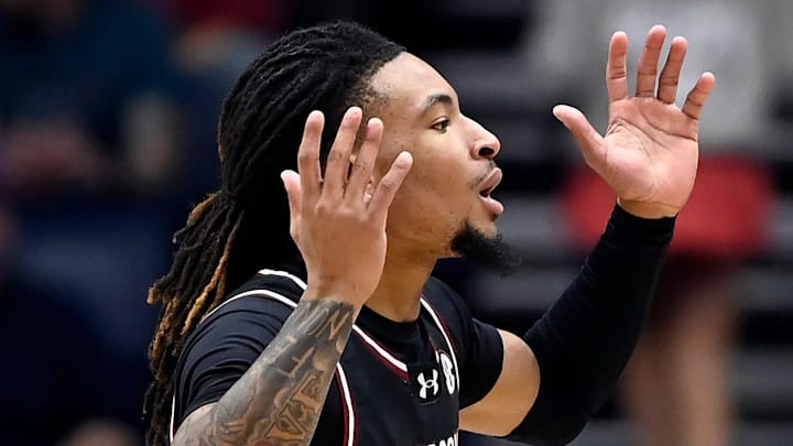 South Carolina guard Jamarii Thomas (6) reacts after being called for a foul during a NCAA college basketball first round game against Arkansas at the men’s Southeastern Conference Tournament Wednesday, March 12, 2025, in Nashville, Tenn.