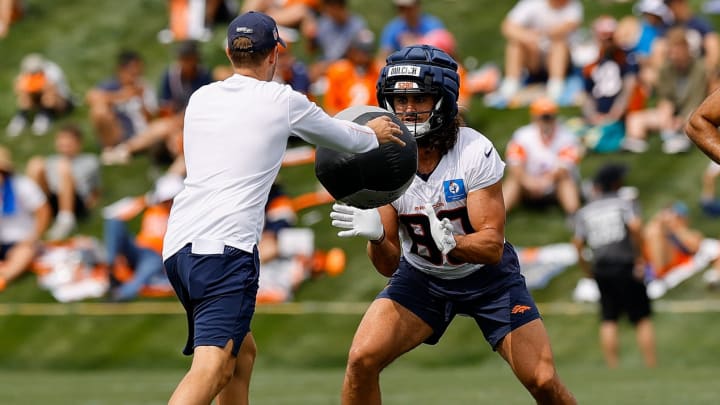 Denver Broncos tight end Greg Dulcich (80) during training camp at Broncos Park Powered by CommonSpirit. 