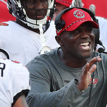 Sep 8, 2024; Tampa, Florida, USA;  Tampa Bay Buccaneers head coach Todd Bowles cheers against the Washington Commanders during the second half at Raymond James Stadium. Mandatory Credit: Kim Klement Neitzel-Imagn Images