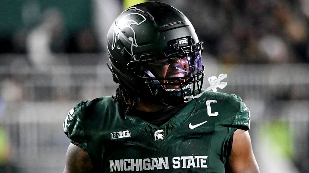 Michigan State's Jordan Hall celebrates after a stop against Michigan during the second quarter on Saturday, Oct. 25, 2025, at Spartan Stadium in East Lansing.
