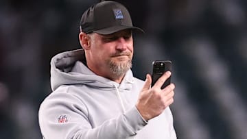 Nov 16, 2025; Philadelphia, Pennsylvania, USA; Detroit Lions head coach Dan Campbell before a game against the Philadelphia Eagles at Lincoln Financial Field.
