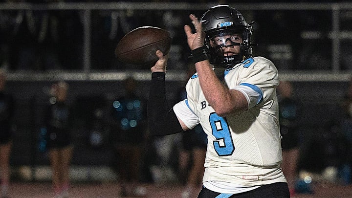 North Bay Haven's Caleb Muszynski (9) makes a play against Rutherford's Elijah Waldrop (8) at Tommy Oliver Stadium in Panama City, Fla., Oct. 10, 2025. (Tyler Orsburn/News Herald)