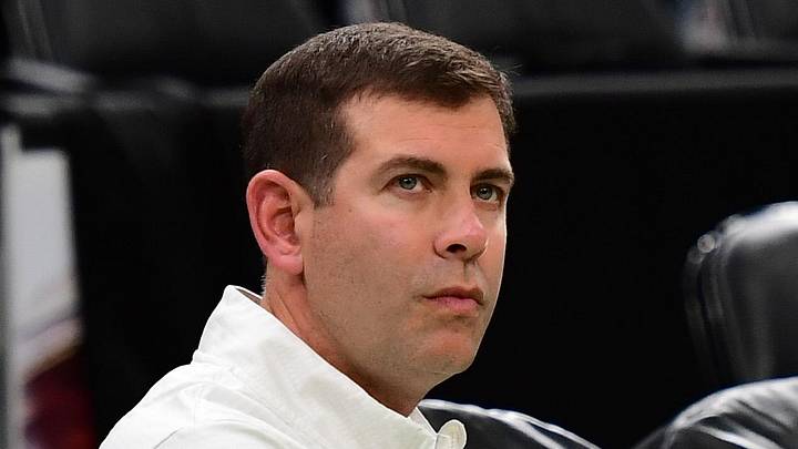 Dec 6, 2024; Boston, Massachusetts, USA;  Boston Celtics General Manager Brad Stevens watches warmups prior to game against the Milwaukee Bucks at TD Garden. Mandatory Credit: Bob DeChiara-Imagn Images