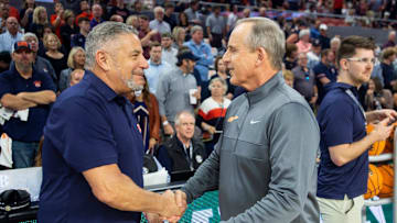 Auburn Tigers head coach Bruce Pearl and Tennessee Volunteer head coach Rick Barnes shake hands before Auburn Tigers take on the Tennessee Volunteers at Neville Arena in Auburn, Ala., on Saturday, March 4, 2023.