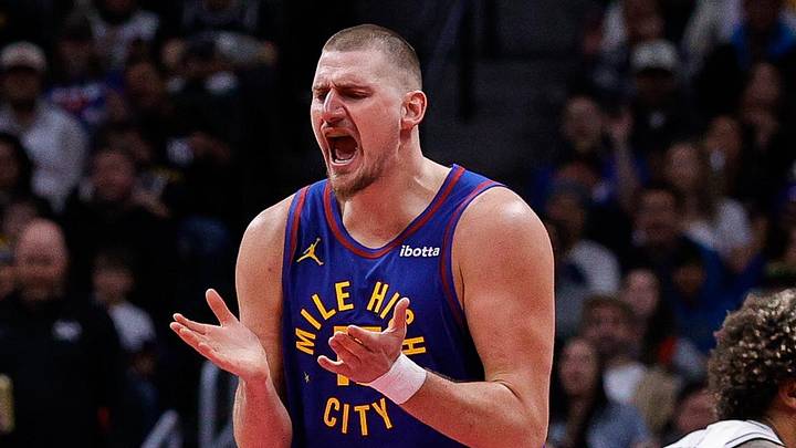 Nov 28, 2025; Denver, Colorado, USA; Denver Nuggets center Nikola Jokic (15) reacts after a play in the fourth quarter against the San Antonio Spurs at Ball Arena. Mandatory Credit: Isaiah J. Downing-Imagn Images