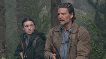 Bella Ramsey as Ellie and Pedro Pascal as Joel in The Last of Us season 3.