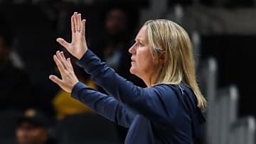 Oct 30, 2025; Atlanta, GA, USA; North Carolina Tar Heels head coach Courtney Banghart during the game against the South Carolina Gamecocks during the first quarter at State Farm Arena. Mandatory Credit: Jordan Godfree-Imagn Images