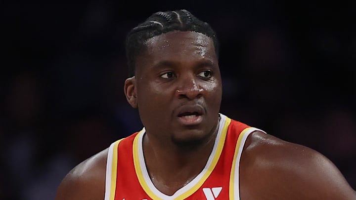 Clint Capela #15 of the Atlanta Hawks looks on against the New York Knicks.