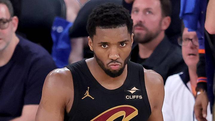 May 19, 2026; New York, New York, USA; Cleveland Cavaliers guard Donovan Mitchell (45) reacts during overtime in game one of the eastern conference finals against the New York Knicks during the 2026 NBA playoffs at Madison Square Garden. Mandatory Credit: Brad Penner-Imagn Images