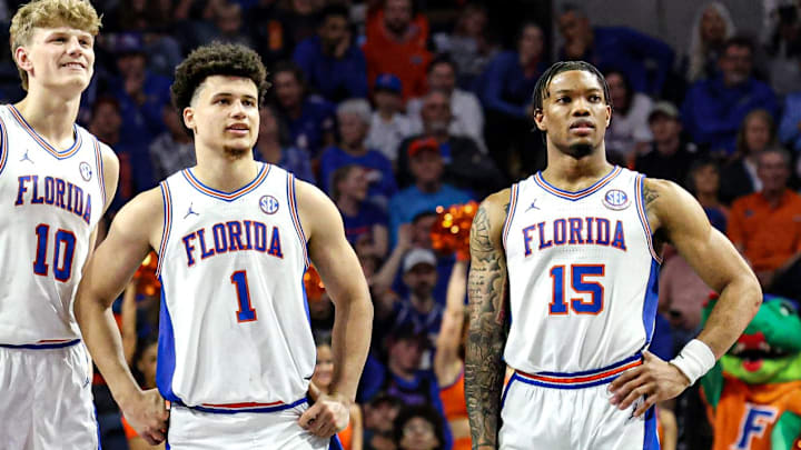 Will Richard (5), Thomas Haugh (10), Walter Clayton Jr. (1) and Alijah Martin (15) watch as Rueben Chinyelu shoots a free throw in the Florida Gators' win over Ole Miss. "In my opinion, they're a 1-seed in the NCAA Tournament," Rebels' head coach Chris Beard said. "I don't know if there's a more talented team in college basketball." Will Richard (5), Thomas Haugh (10), Walter Clayton Jr. (1) and Alijah Martin (15) watch as Rueben Chinyelu shoots a free throw in the Florida Gators' win over Ole Miss. "In my opinion, they're a 1-seed in the NCAA Tournament," Rebels' head coach Chris Beard said. "I don't know if there's a more talented team in college basketball."