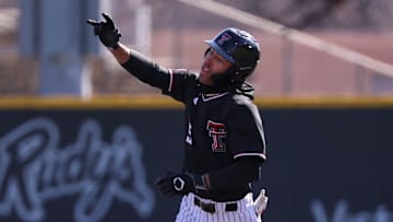 Texas Tech's TJ Pompey celebrates his two-run home run against UC Irvine during a non-conference Division I baseball game, Friday, Feb. 21, 2025, at Dan Law Field.
