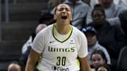 Jul 25, 2025; San Francisco, California, USA;  Dallas Wings guard Haley Jones (30) reacts during the third quarter against the Golden State Valkyries at Chase Center. Mandatory Credit: John Hefti-Imagn Images