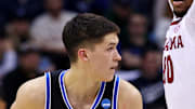 Mar 27, 2025; Newark, NJ, USA; Brigham Young Cougars guard Egor Demin (3) handles the ball against Alabama Crimson Tide forward Mouhamed Dioubate (10) during the second half during an East Regional semifinal of the 2025 NCAA tournament at Prudential Center. Mandatory Credit: Vincent Carchietta-Imagn Images