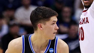 Mar 27, 2025; Newark, NJ, USA; Brigham Young Cougars guard Egor Demin (3) handles the ball against Alabama Crimson Tide forward Mouhamed Dioubate (10) during the second half during an East Regional semifinal of the 2025 NCAA tournament at Prudential Center. Mandatory Credit: Vincent Carchietta-Imagn Images
