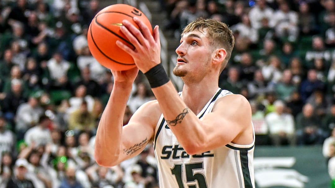 Michigan State's Carson Cooper scores against Ohio State during the second half on Sunday, Feb. 22, 2026, at the Breslin Center in East Lansing.