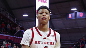 Mar 9, 2025; Piscataway, New Jersey, USA; Rutgers Scarlet Knights guard Ace Bailey (4) walks off the court after defeating the Minnesota Golden Gophers at Jersey Mike's Arena. Mandatory Credit: Vincent Carchietta-Imagn Images