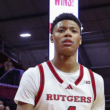 Mar 9, 2025; Piscataway, New Jersey, USA; Rutgers Scarlet Knights guard Ace Bailey (4) walks off the court after defeating the Minnesota Golden Gophers at Jersey Mike's Arena. Mandatory Credit: Vincent Carchietta-Imagn Images