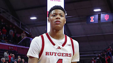 Mar 9, 2025; Piscataway, New Jersey, USA; Rutgers Scarlet Knights guard Ace Bailey (4) walks off the court after defeating the Minnesota Golden Gophers at Jersey Mike's Arena. Mandatory Credit: Vincent Carchietta-Imagn Images