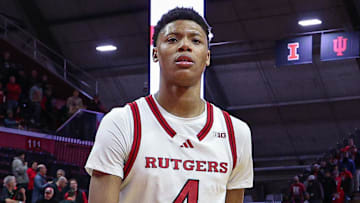 Mar 9, 2025; Piscataway, New Jersey, USA; Rutgers Scarlet Knights guard Ace Bailey (4) walks off the court after defeating the Minnesota Golden Gophers at Jersey Mike's Arena. Mandatory Credit: Vincent Carchietta-Imagn Images