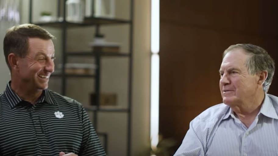 Swinney (left) and Belichick (right) will face off when Clemson travels to North Carolina on October 4.  | Screengrab YouTube @espncfb