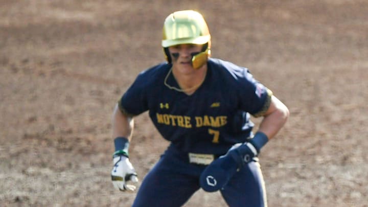 Notre Dame outfielder Jared Zimbardo (7) takes a lead on a pitch near Clemson infielder Luke Gaffney (16)