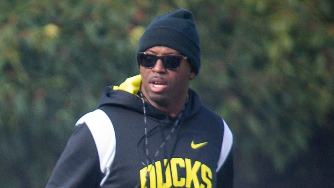 New co-defensive coordinator and safeties coach Chris Hampton, right, joins the first practice of spring for Oregon football as they prepare for the 2023 season.

Eug 031623 Uo Spring Fb 06