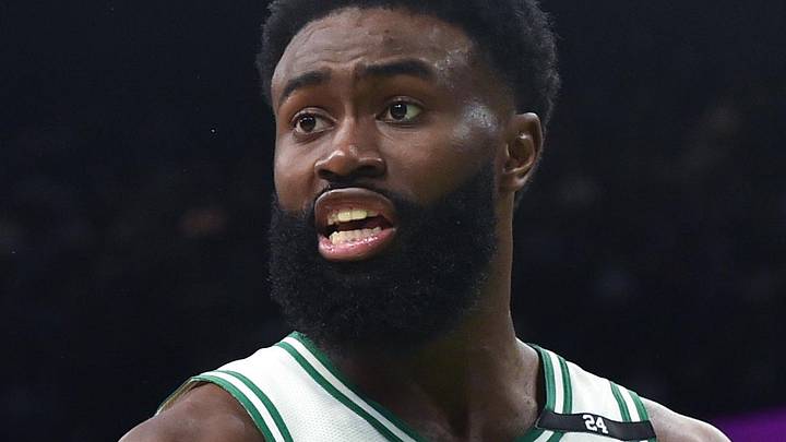 Jan 5, 2022; Boston, Massachusetts, USA;  Boston Celtics guard Jaylen Brown (7) argues a call with the official during the first half against the San Antonio Spurs at TD Garden. Mandatory Credit: Bob DeChiara-Imagn Images