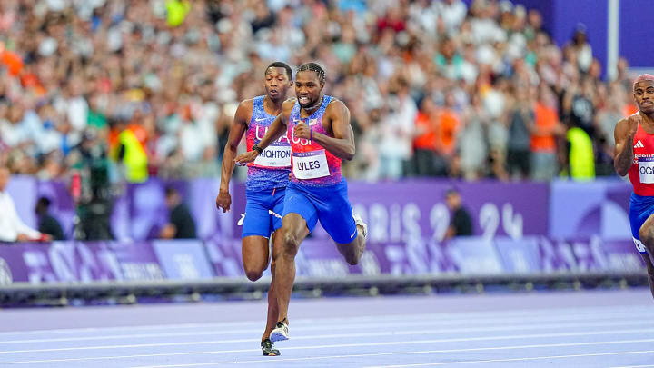 Noah Lyles runs in the 200-meter final at the Paris Games