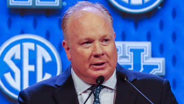 Kentucky coach Mark Stoops speaks to the media at the 2024 SEC Football Kickoff on Thursday at the Omni Dallas Hotel in Dallas.  (James D. Smith / SEC)