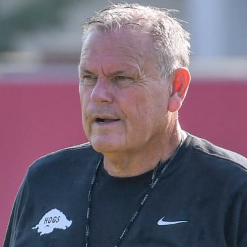 Arkansas Razorbacks coach Sam Pittman at Monday morning's practice on the outdoor fields in Fayetteville, Ark.