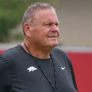 Arkansas Razorbacks coach Sam Pittman at practice on outdoor fields in Fayetteville, Ark.