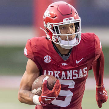 Arkansas Razorbacks' wide receiver Isaiah Sategna breaks free on a punt return against UAPB for a score that was called back due to a penalty.