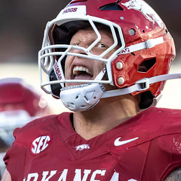 Arkansas Razorbacks defensive lineman Landon Jackson celebrates after a play against the UAB Blazers at Razorback Stadium in Fayetteville, Ark.