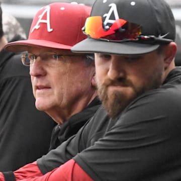 Arkansas Razorbacks coach Dave Van Horn during a practice in January 2024