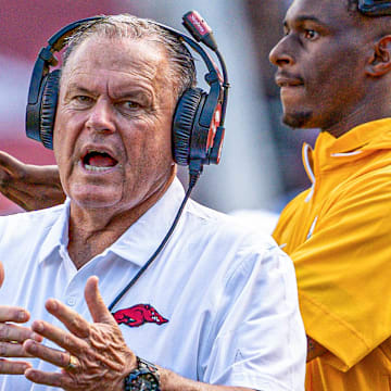 Arkansas Razorbacks coach Sam Pittman on the sidelines against UAB at Razorback Stadium in Fayetteville, Ark.