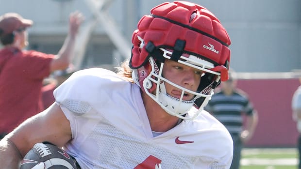 Razorbacks' Isaac TeSlaa at summer practice Tuesday.