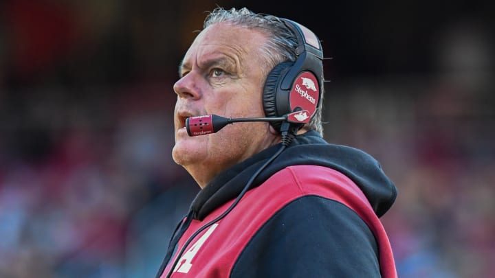 Arkansas Razorbacks coach Sam Pittman during a loss to the Missouri Tigers on Nov. 24, 2023, at Razorback Stadium in Fayetteville, Ark.