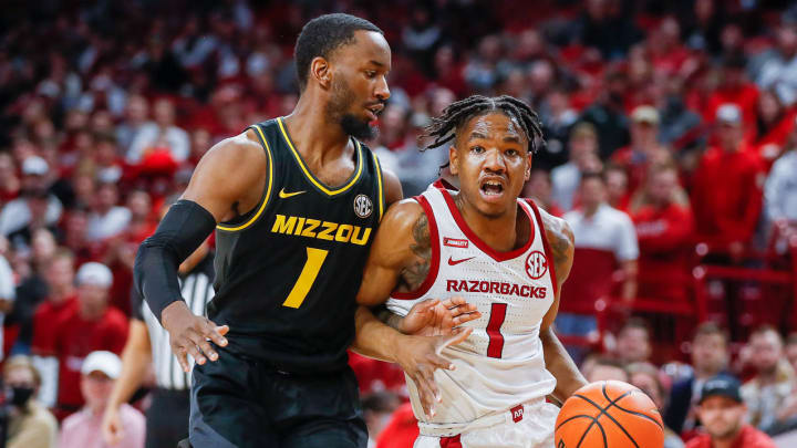 Arkansas Razorbacks guard JD Notae driving against the Missouri Tigers on Jan. 12, 2022, at Bud Walton Arena in Fayetteville, Ark.