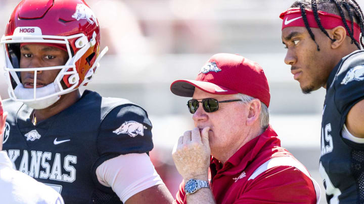 Arkansas Razorbacks offensive coordinator Bobby Petrino at the Red-White game April 13, 2024, at Razorback Stadium in Fayetteville, Ark.