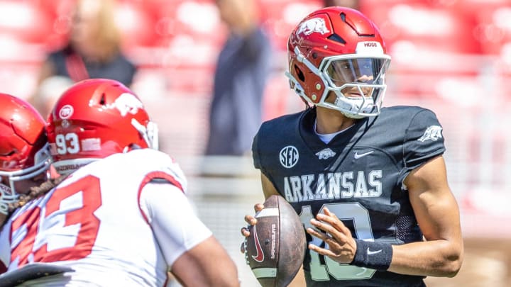 Arkansas Razorbacks quarterback Taylen Green drops back in the pocket in the Red-White spring game at Razorback Stadium in Fayetteville, Ark.