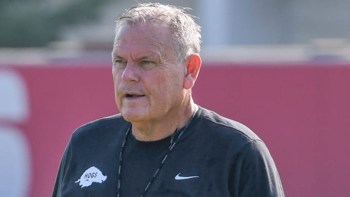 Arkansas Razorbacks coach Sam Pittman at Monday morning's practice on the outdoor fields in Fayetteville, Ark.