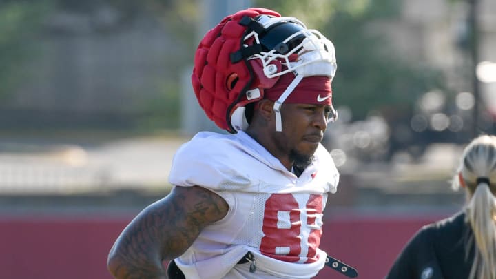 Arkansas Razorbacks wide receiver Monte Harrison taking a break during practice bringing a lot of maturity along with different level of experience to group that has played at college level.