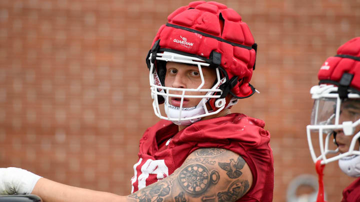 Arkansas Razorbacks' defensive lineman Landon Jackson waiting for a drill to start in spring practice Wednesday morning on the outdoor field in Fayetteville, Ark.