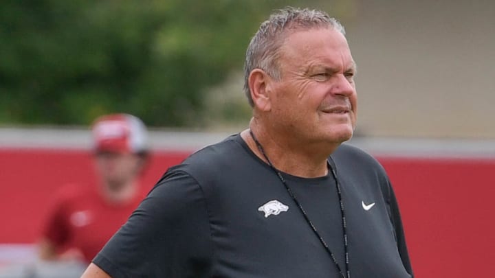 Arkansas Razorbacks coach Sam Pittman at practice on outdoor fields in Fayetteville, Ark.