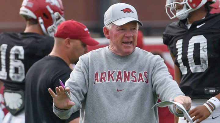 Arkansas Razorbacks offensive coordinator Bobby Petrino during a practice in Fayetteville, Ark.