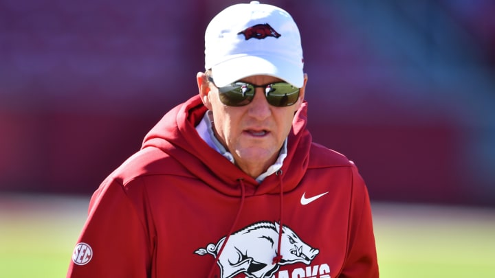 Arkansas Razorbacks former coach Chad Morris on the outdoor practice fields at Fayetteville, Ark., on Nov. 9, 2019.