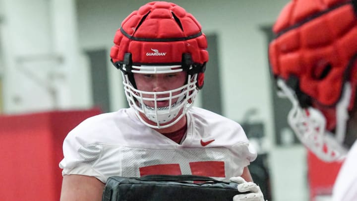 Arkansas Razorbacks offensive lineman Patrick Kutas in practice on Aug. 1, 2024, in Fayetteville, Ark.