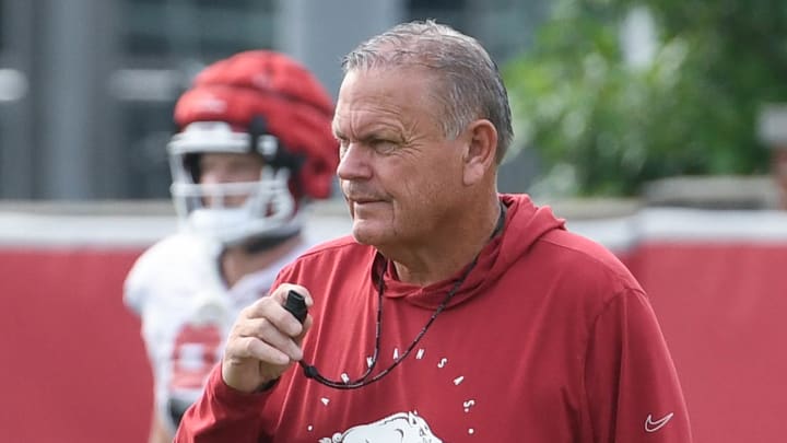 Arkansas Razorbacks coach Sam Pittman at practice this week in Fayetteville, Ark.